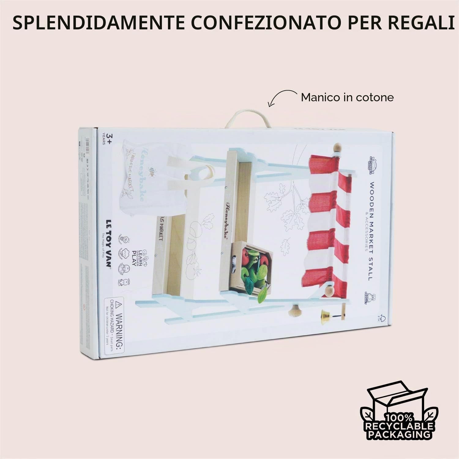 Le Toy Van - TV181 - Gioco educativo banco del Mercato, per Bambini dai 3 Anni, Include Borsa della Spesa in Canvas e Cassetta con Mele e pere, Giocattolo Ecologico Montessori