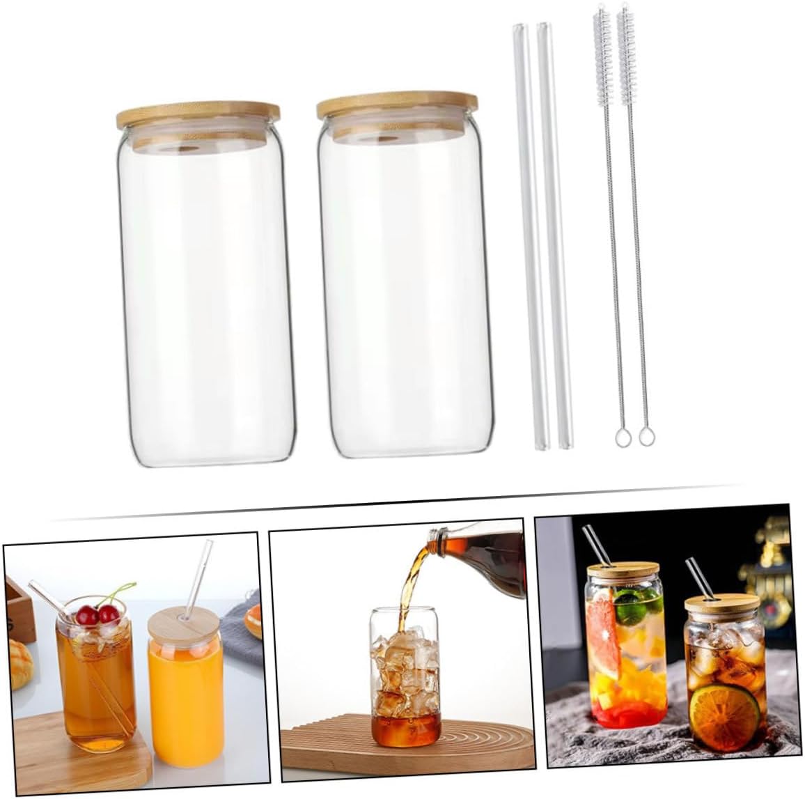 Luxshiny Glass Can Cup Set with Lids and Straws 2-Piece Juice Beverage Glasses for Parties Drinkware for Smoothies and Cold Drinks