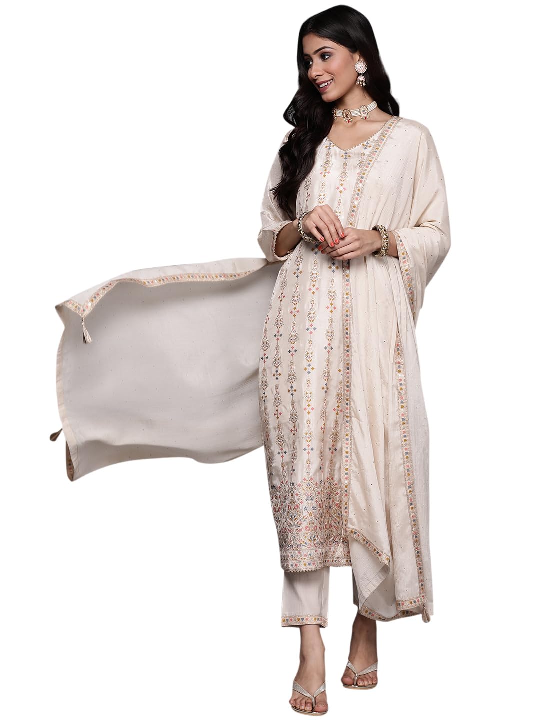 Beige Woven Design Silk Blend Straight Kurta With Trousers & Dupatta