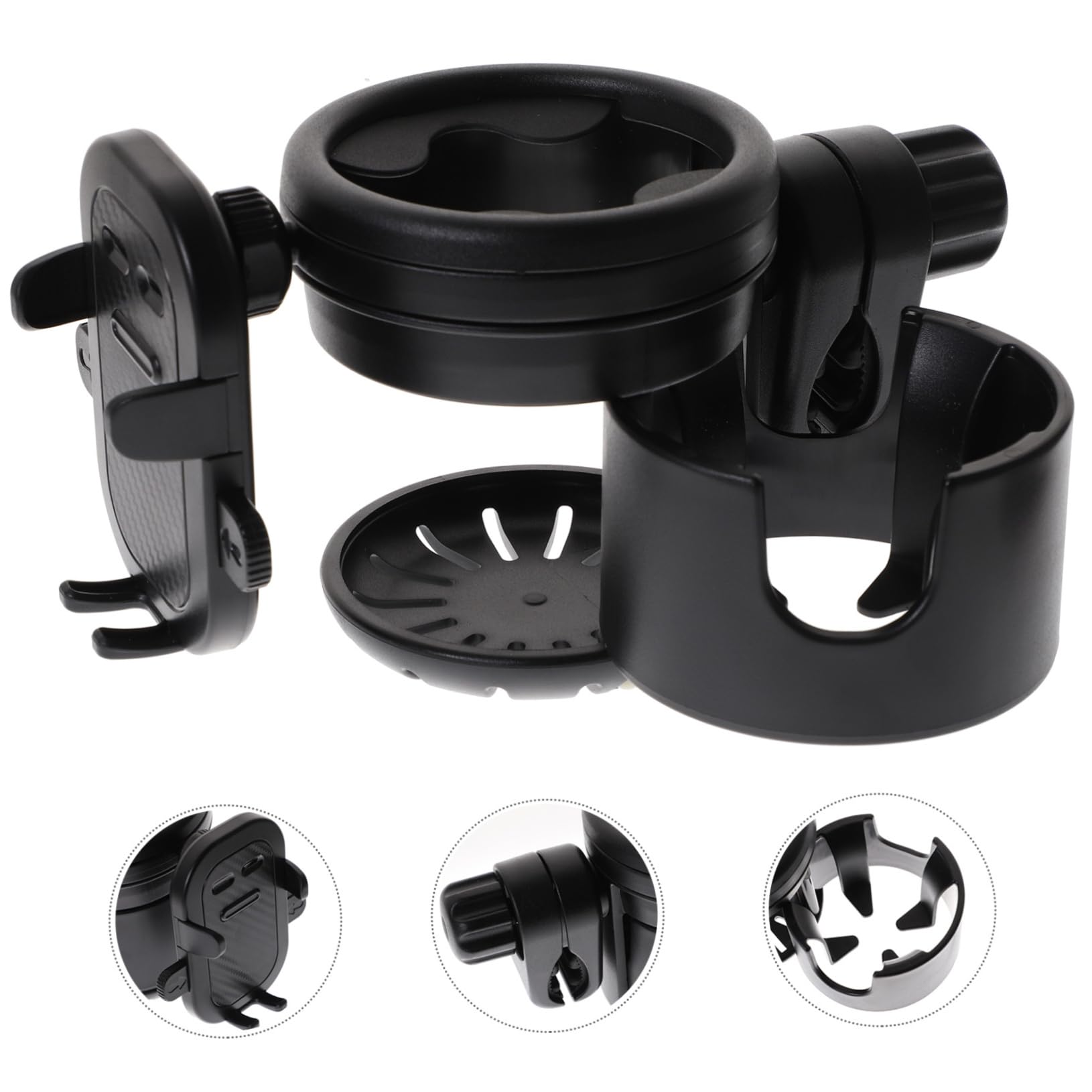 BESPORTBLE Portabicchiere per Passeggino con Portatelefono, Supporto per Bottiglia e Tazza, Plastica e Metallo, Nero