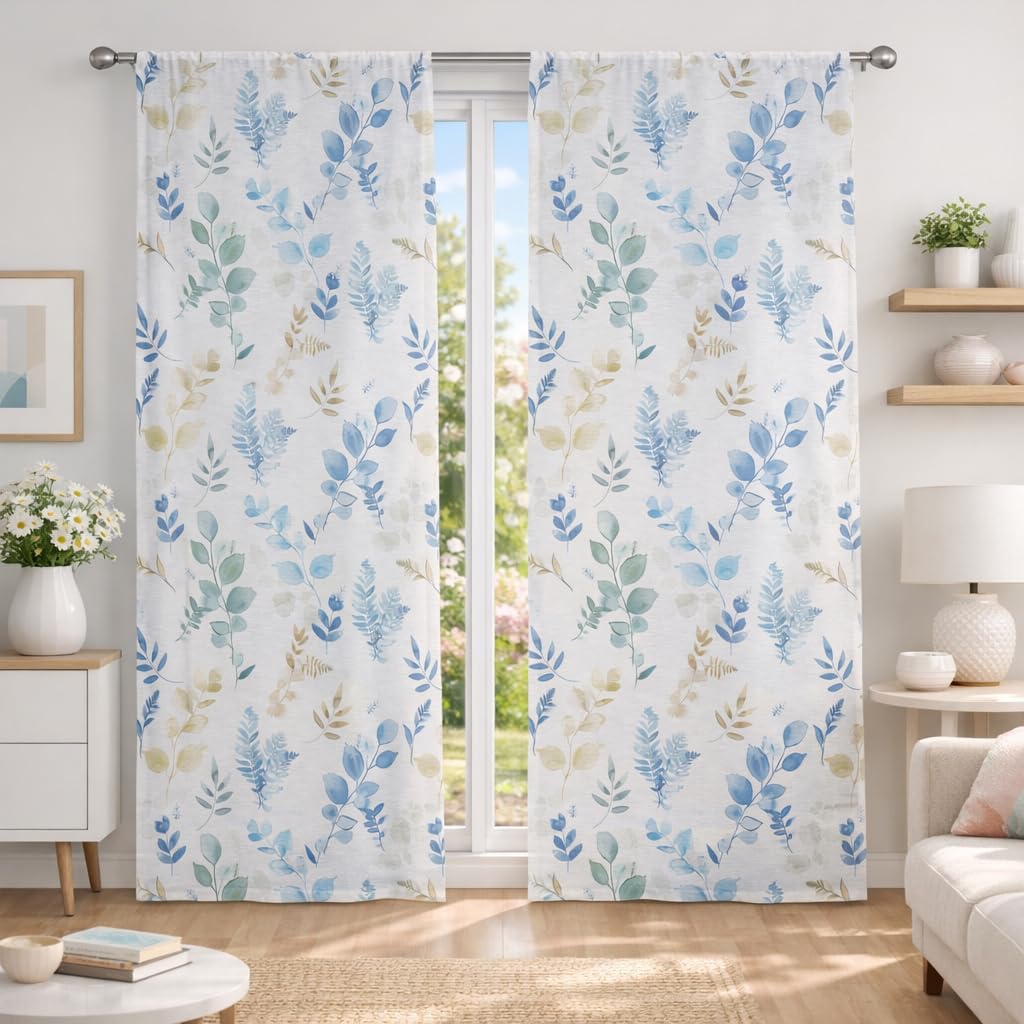 Home Tresor - Coppia Tende a Vetro | Tendine per Interni Primaverili Estive Stampa Foglie Floreale per Finestre e Porte, Cucina, Bagno,Soggiorno Mod. ARISTEA - 60x240 cm, Azzurro/Verde