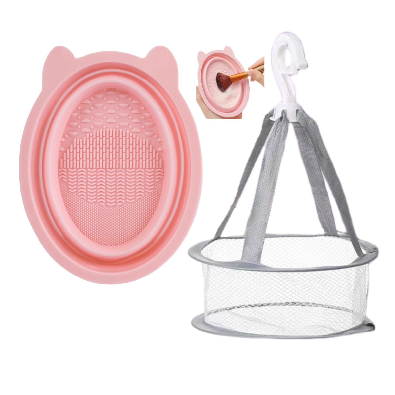 Tappetino in silicone per la pulizia dei pennelli da trucco, rosa, ciotola portatile pieghevole, spugnetta per frullatore di bellezza, strumento di lavaggio per pennelli da trucco con design a