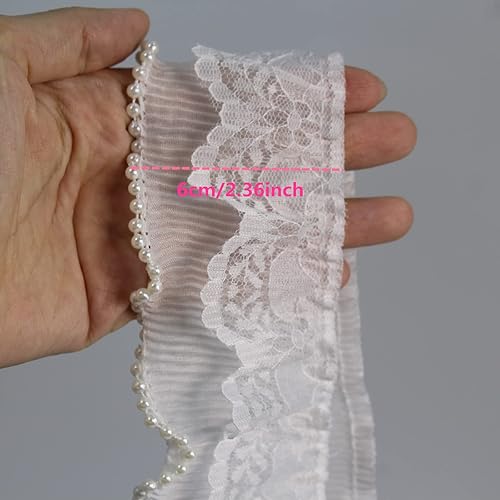 Miniatura 4 de 5 yardas de cinta de encaje con ribete de perlas blancas con volantes y borde de encaje, vestido de novia, cinta para coser en apliques, bolsa de