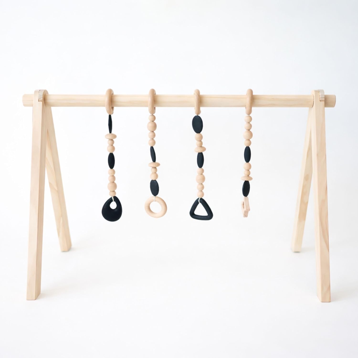 Poppyseed Play Wooden Baby Play Gym, Montessori Activity Center for Infants | Natural Wood Frame with 4 Hanging Toys | Baby Gym for Floor Play | Tummy Time & Early Development | 0–12 Months