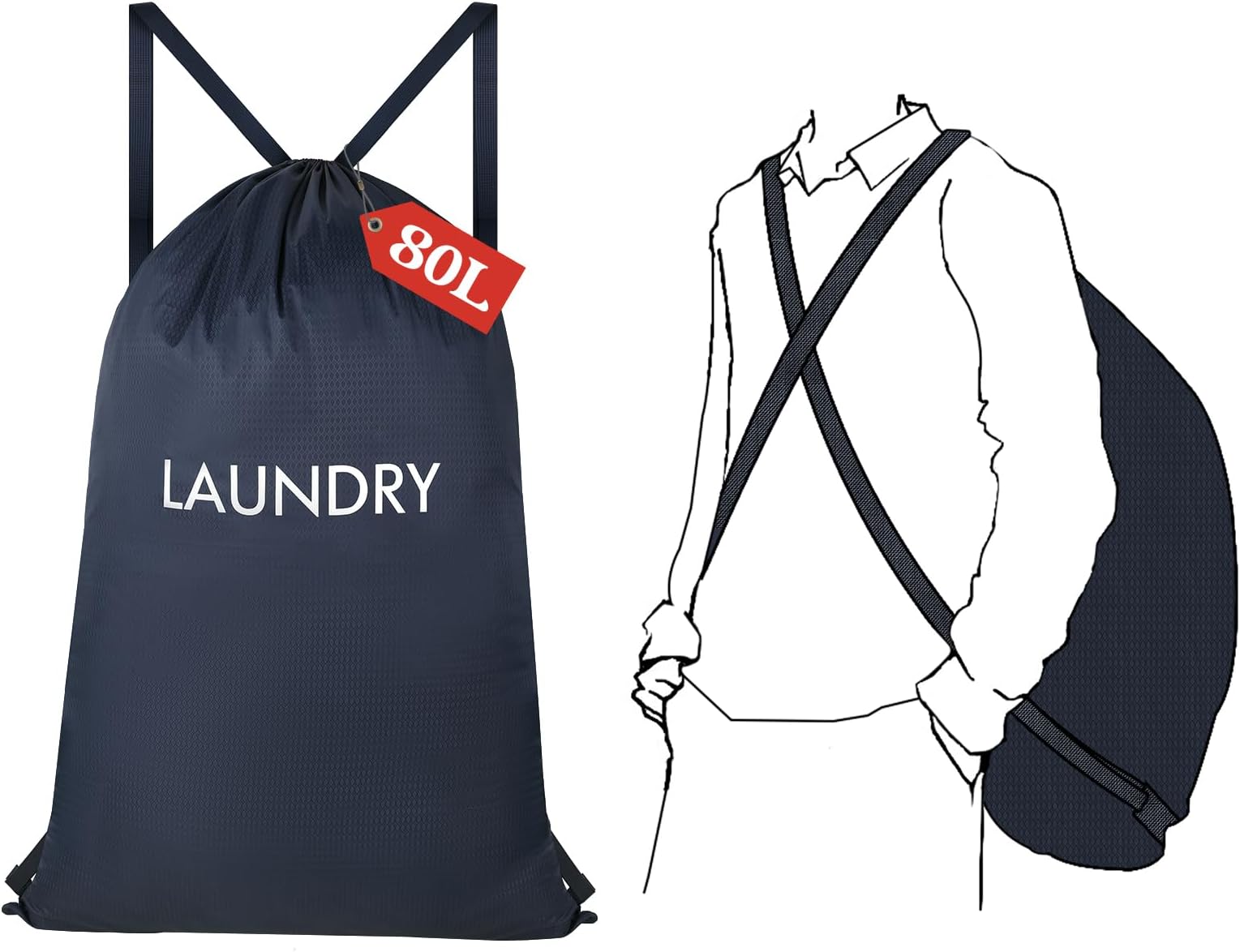 Laundry Bag Backpack, 80L Heavy Duty Nylon Laundry Backpack with Shoulder Straps & Drawstring Closure for Dirty Clothes, Washable Laundry Hamper Bag for College Dorm, Apartment, Laundromat