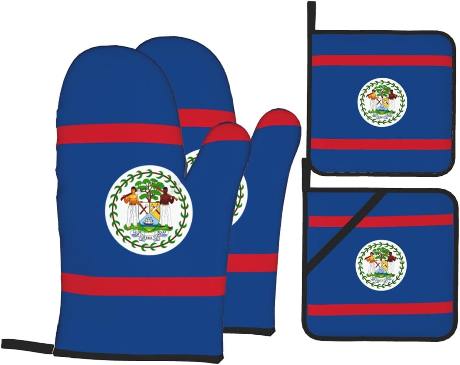 Belize Flag Oven gloves and heat-resistant mat 4-piece set. Suitable for grilling, microwave oven frying, and baking