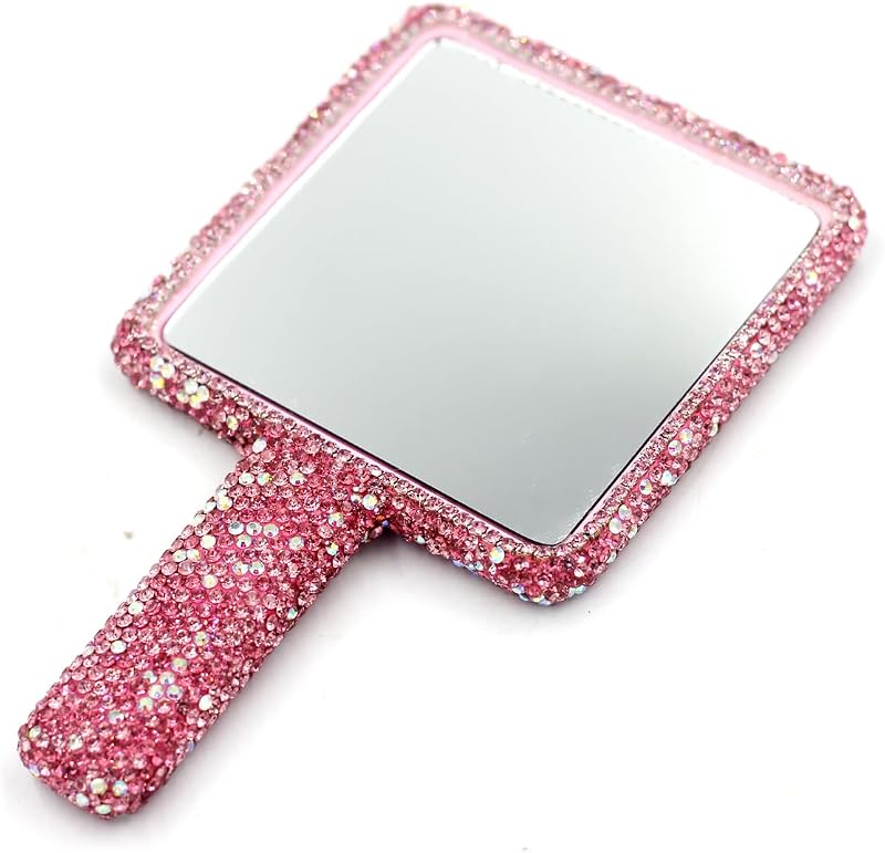 Espelho de mão Bestbling com strass, formato quadrado, rosa