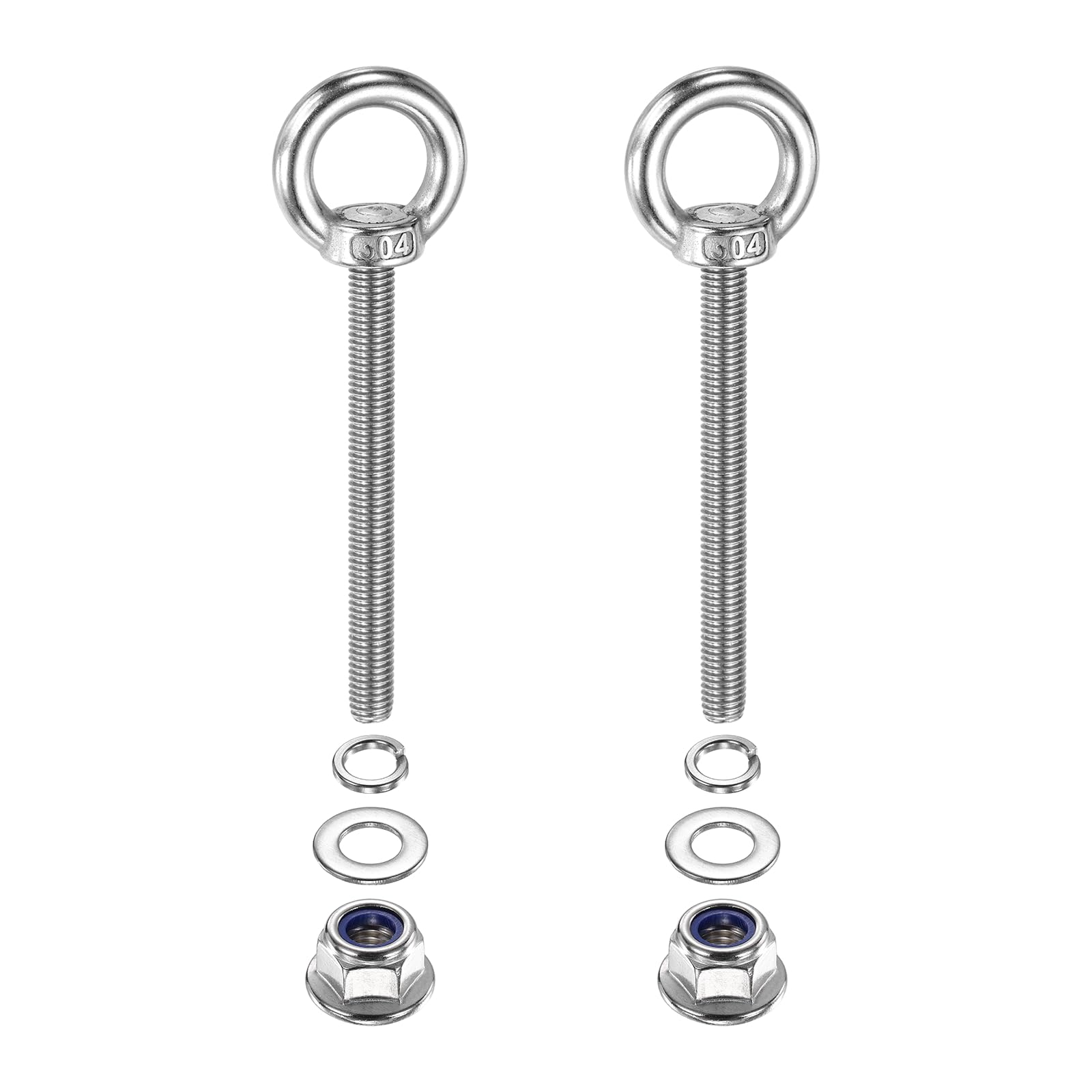 PATIKIL M8 x 80mm Shoulder Eye Bolt, 2 Pcs 304 Stainless Steel Lifting Ring Threaded Eye Bolt with Flange Lock Nuts Spring and Flat Washers for Hanging Tie Down Straps Outdoor Indoor