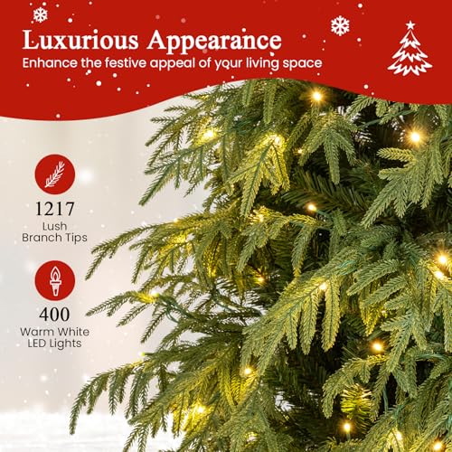 Image of Goplus 7 FT Pre-Lit Artificial Christmas Tree, Hinged Faux Xmas Tree with 1217 Soft TPE & PVC Mixed Branch Tips, 400 Warm White LED Lights, Foldable Metal Stand, Holiday Party Home Office Decoration
