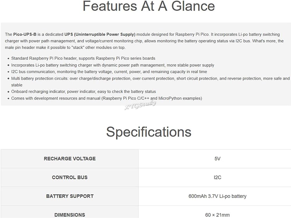 Image showing key features of the Pico-UPS-B module, highlighting its UPS functionality, I2C monitoring, and stackable design.