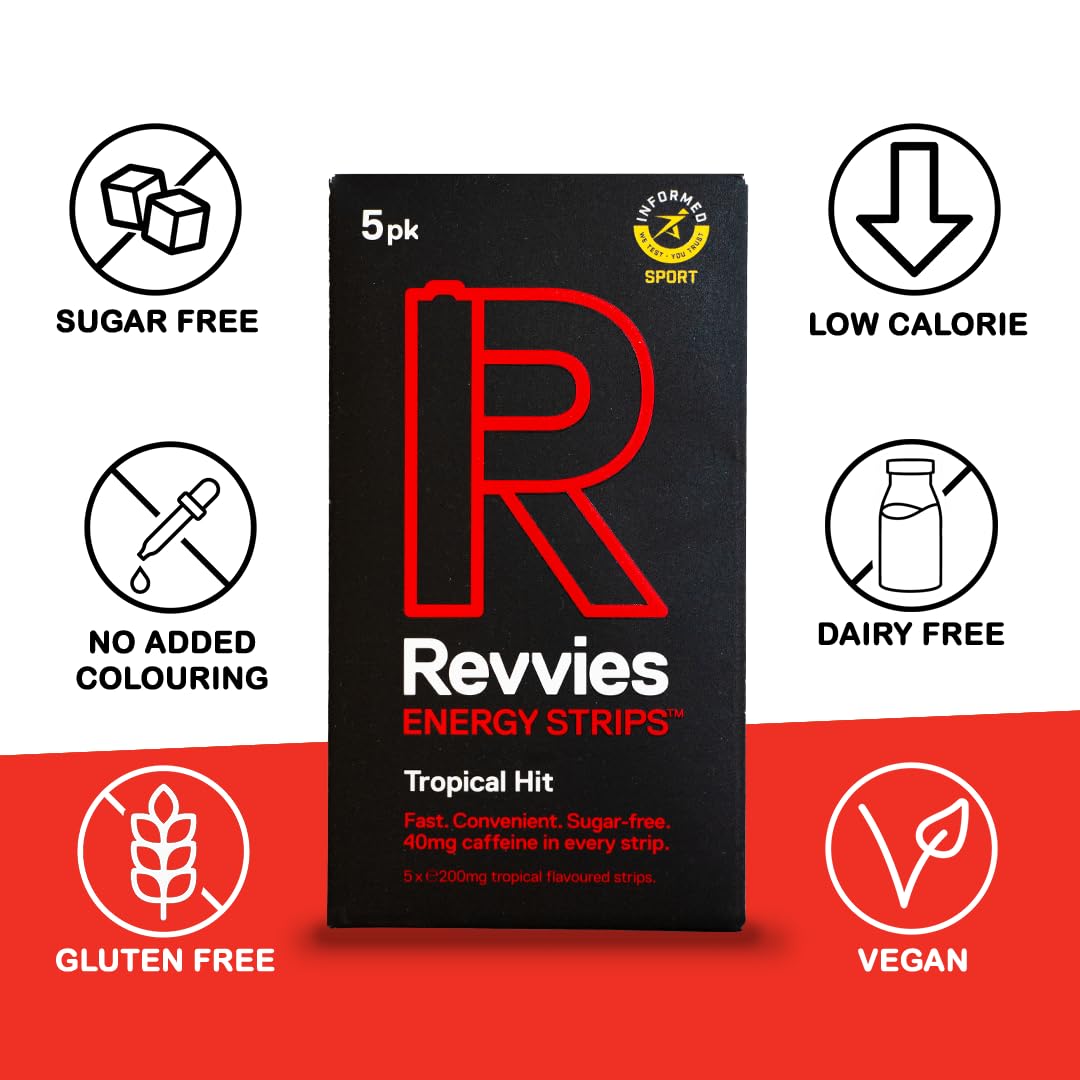 Revvies Energy Strips | Tropical Hit | 50 Strips | 40mg Caffeine Strip | 2 Strip = Coffee/Energy Drink | Less than 2 Calories | Vegan | 10 x 5PK — Amazon image 4