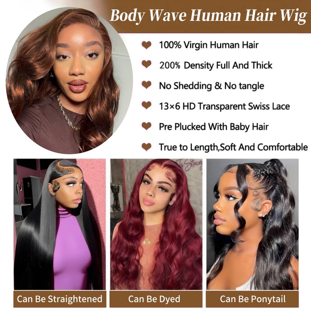 Chocolate Brown Lace Front Wig 200% Body Wave Glueless Wig 13x6 Human Hair Density Hd Transparent Front Wigs Human Hair Pre Plucked with Baby Hair Brown Colored Wigs for Women 24 Inch