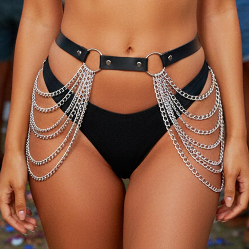 Waist Chain Belt Black Leather Belly Chain Belt Fashion Gothic Rave Body Accessories for Women