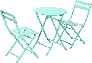 Juego de bistró plegable de 3 piezas de metal para exteriores, mesa de comedor y sillas para patio, cocina, balcón, color azul claro, 2 sillas y 1 mesa, perfecto para jardín y terraza