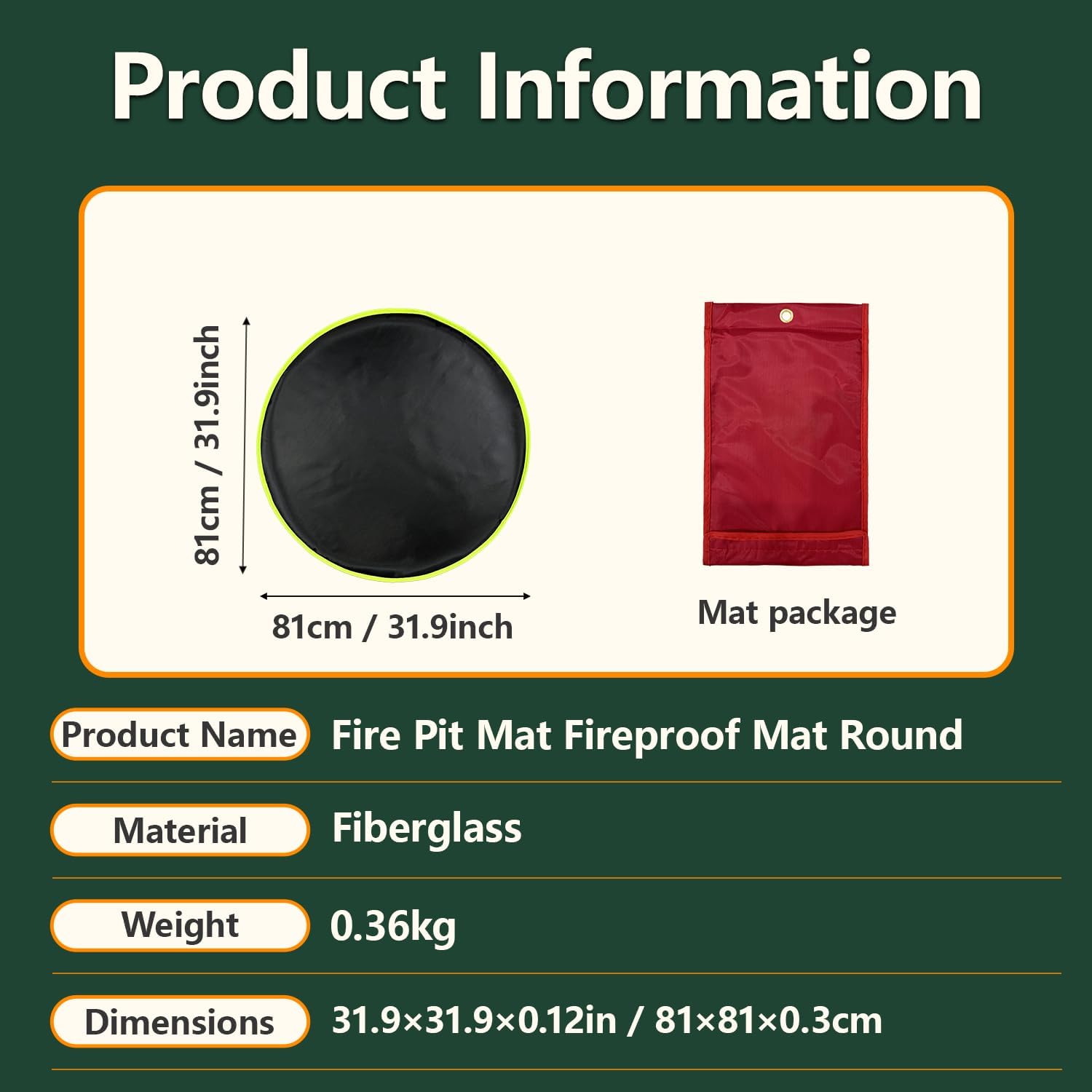 Fire Pit Mat Fireproof Mat Round, Portable Folding Ember Mat Visible at Night, Great for Deck Fire Pit Base, Wood Burning, Wood Floor, Patio, Grass, Lawn (31.9'')