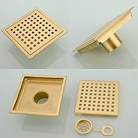 Vista 2 de 6 inch Stainless Steel Square Shower Floor Drain with Threaded Adapter, Removable Cover Grid Grate, Brushed Gold Brass Finished