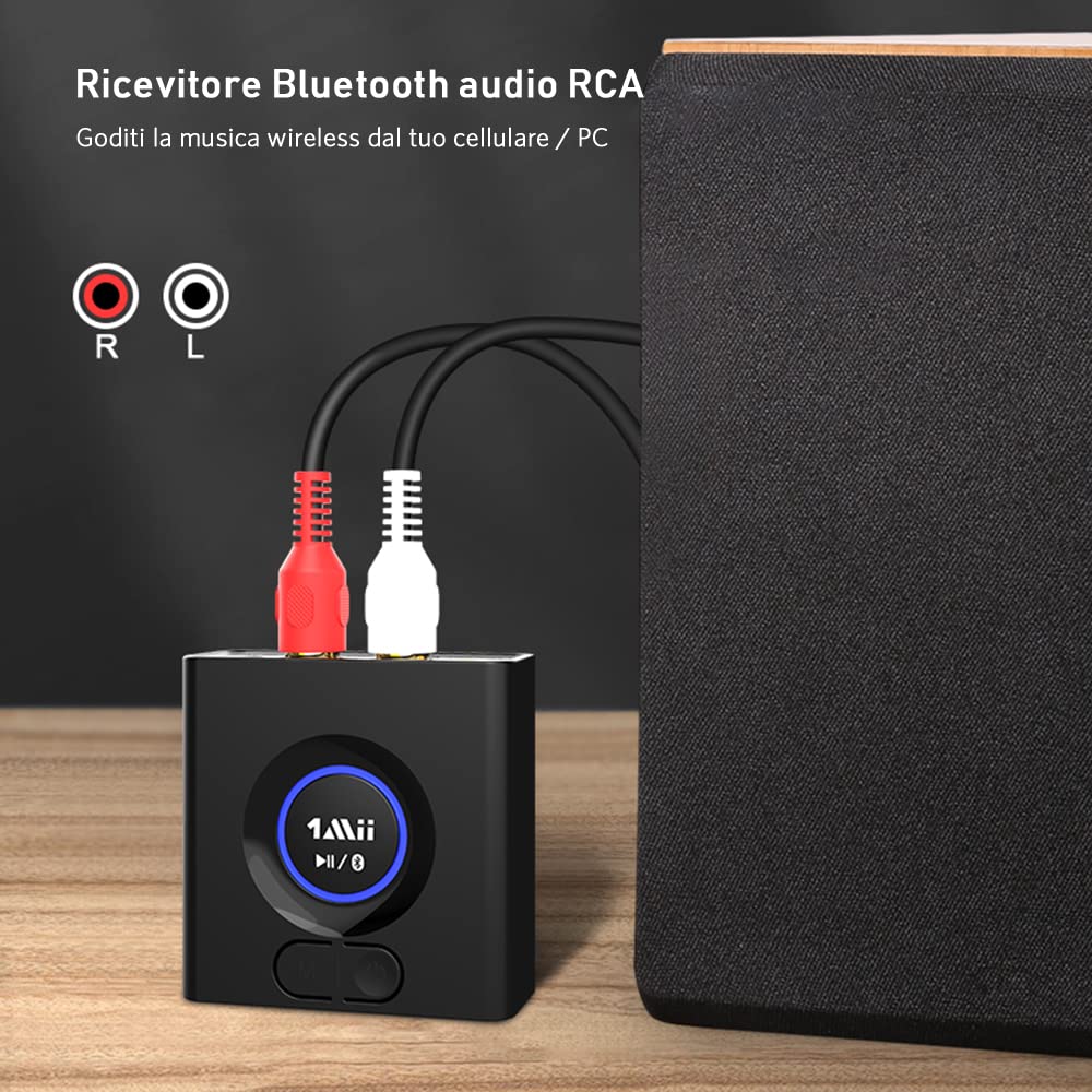 1Mii Ricevitore Bluetooth HiFi, Adattatore Audio Bluetooth 5.1 RCA/AUX 3,5mm Jack con Batteria da 12 Ore, con Modalità Bassi, Bassa Latenza per Impianto Stereo, Amplificatore, Casse Attive- ML200