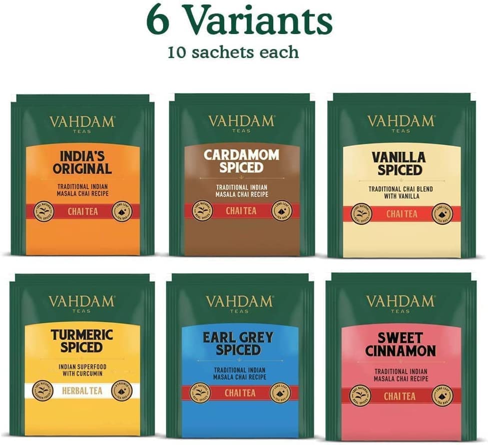 VAHDAM, Chai Tea Variety Sampler Pack - 60 Count | Fathers Day Gift from Daughter & Son - 6 Flavors, 10 Chai Tea Bags Each | Premium Assorted Chai Tea Gift Set | Tea Variety Sampler | Dad Gifts