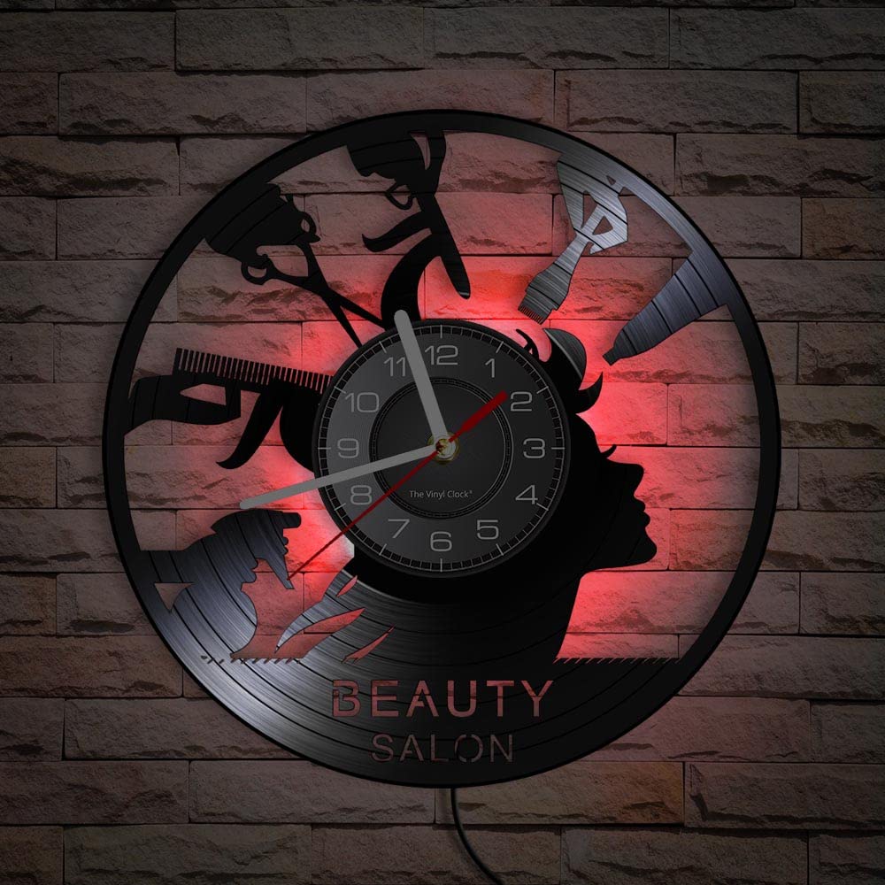 Smotly Seven Colors Vinyl Wall Clock, Led Night Light Feature Hair Salon Themed, Is A Wall Clock Gift For Barbershop Friends. (Seven Colors)