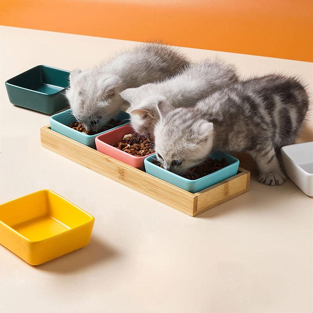 Pets Feeder Bowl Dog Dishes Pink and Blue Double Bowl Cat and Puppy Square Ceramic Bowl Wooden Shelf Ceramic Dish Pet Feeder Pet Supplies