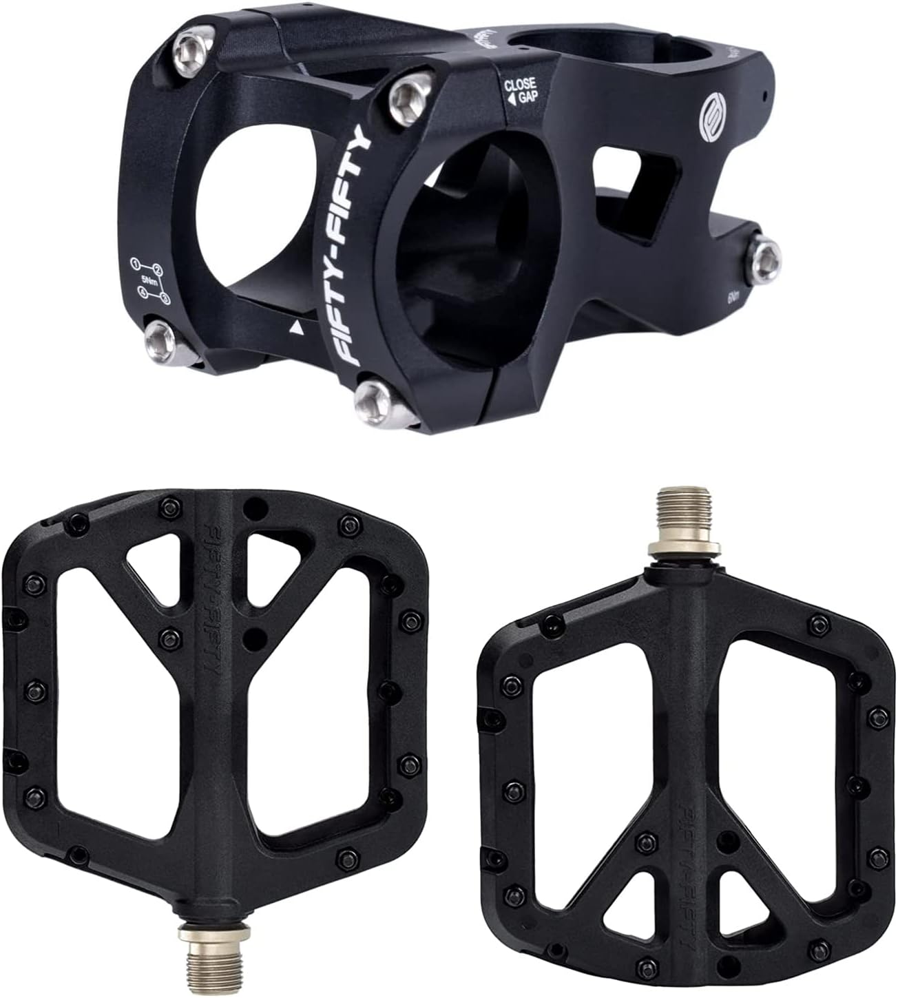 FIFTY-FIFTY Aluminum Alloy Mountain Bike Stem for 1-1/8 Steer Tube 31.8mm Handlebar, Mountain Bike Pedals, Non-Slip MTB Nylon Fiber Pedals