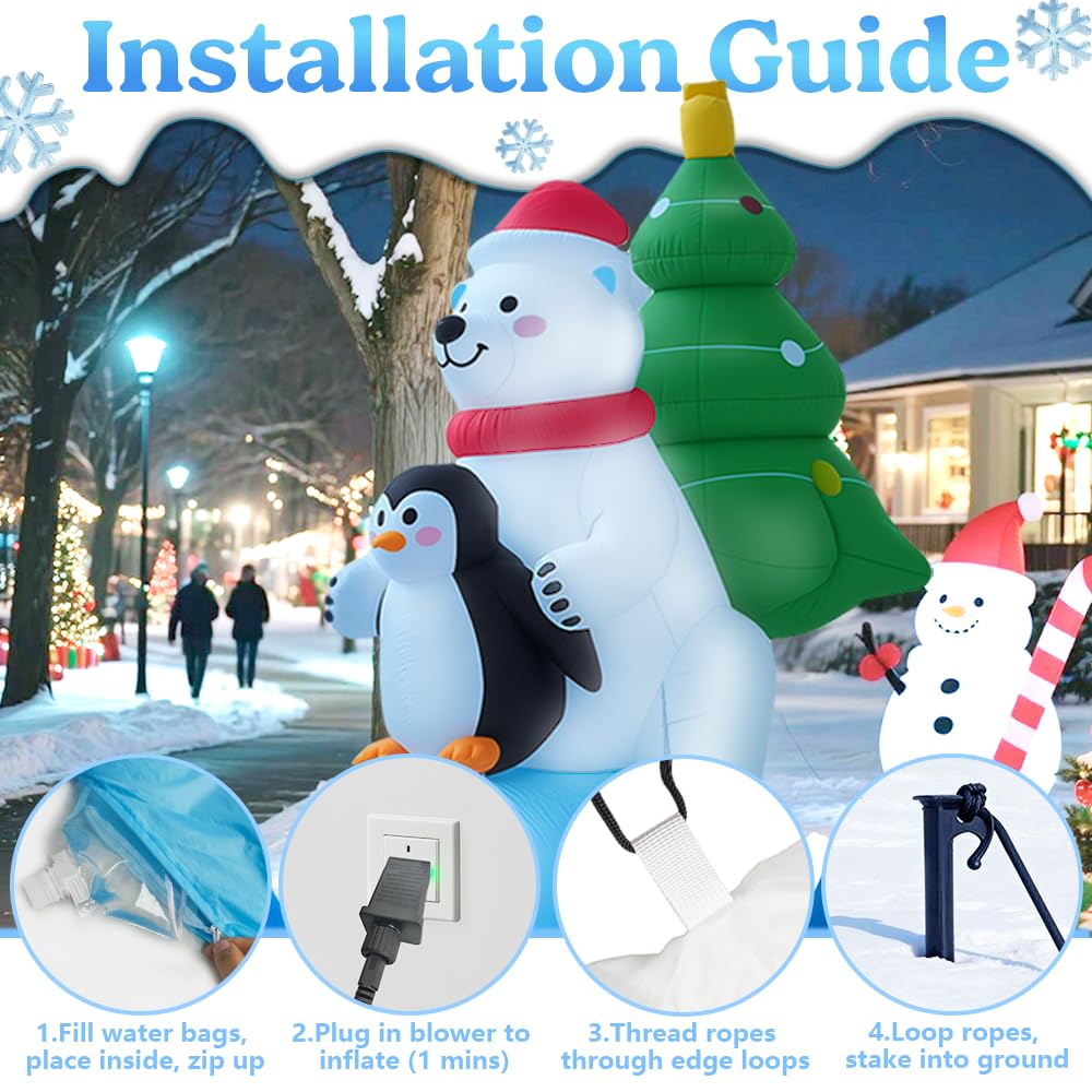 GARIG Ours blanc gonflable de Noël de 2,1 m avec pingouin - Décorations de jardin gonflables avec LED intégrées pour fête en plein air, cour, jardin