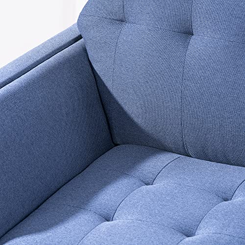 Mid Century Modern Chair Fabric Armchair Living Room Decorative Chair Club Lounge Chair Upholstered Single Seat Tufted Backrest Solid Wood Legs (Linen Fabric, Blue) #TOP2