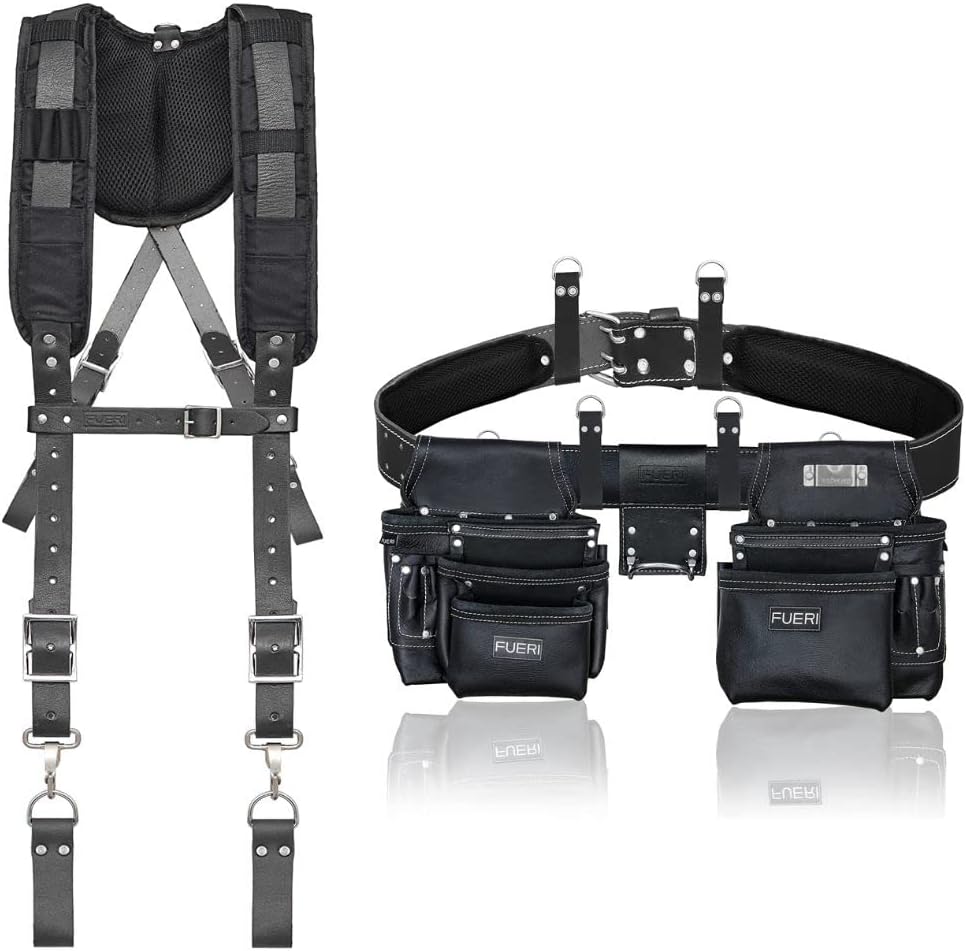 FUERI Tool Pouch Framers Combo Bag Kit and Leather Tool Belt Suspender with 4