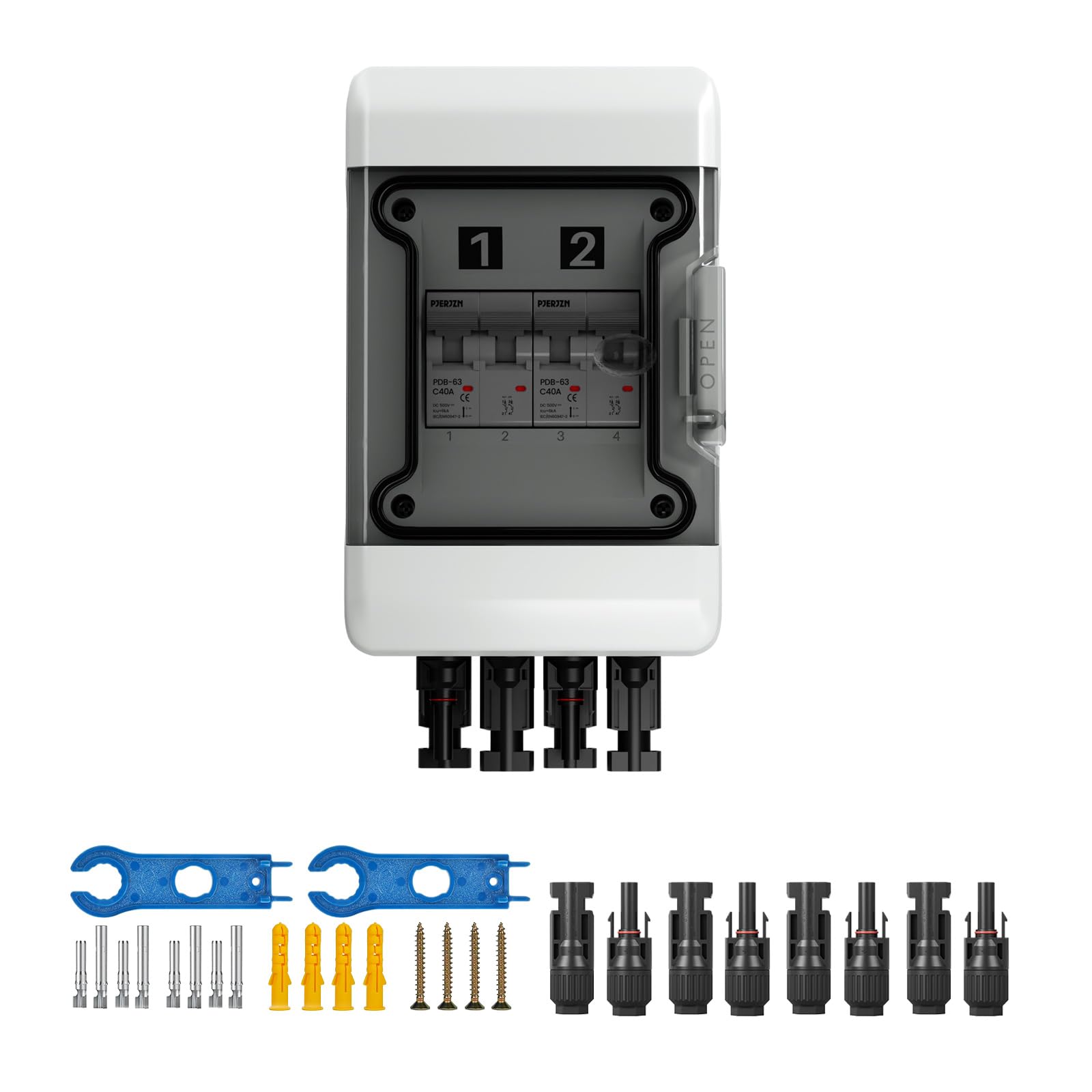 DC Trennschalter PV Anlage 500V 2 String, IP65 Wasserdichte Solar Combiner Box mit 2 polig 40A Leitungsschutzschalter, Kurzschluss- & Überstromschutz（2 in 2 out）