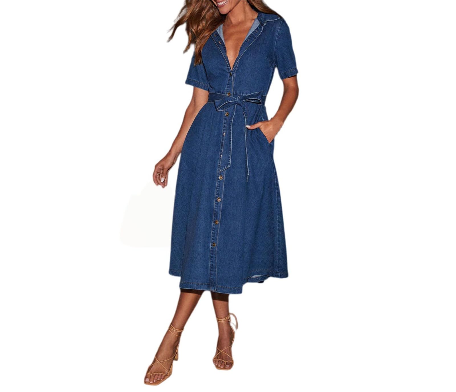 Abito estivo da donna, a maniche corte, con cintura, in denim, con tasche | Abito con scollo a V in jeans con bottoni e cintura, a maniche corte, casual, elegante, con tasche
