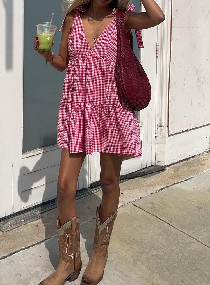 Image of Women Y2k Tie Shoulder Mini Dress Sleeveless Flowy Babydoll Dress Boho Floral Aline Short Sundress