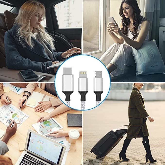 Image of Unbreakable 3 in 1 USB Fast Charging USB Cable with Type C,Micro USB Port with 2.1 A, Compatible with iPhone, iPad, Samsung, OnePlus, Oppo, Vivo, Xiaomi, 1.25M (Trio-11, Black)
