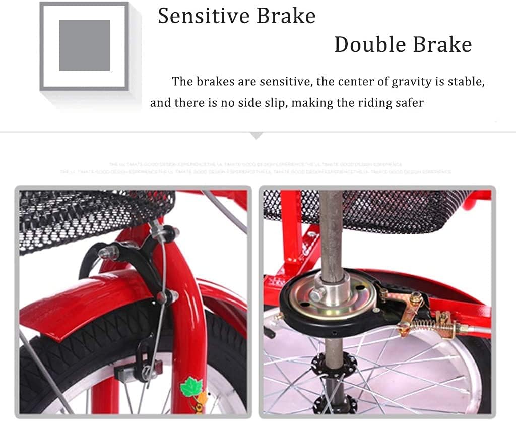 Adult Cargo Tricycles Beach Cruiser Bikes Shopping Foldable Adult Trike Manpower Pedal 16Inch Single Speed 3 Wheel Bike for Seniors Elderly with Dual-Drive and Shock-Absorbing Seat