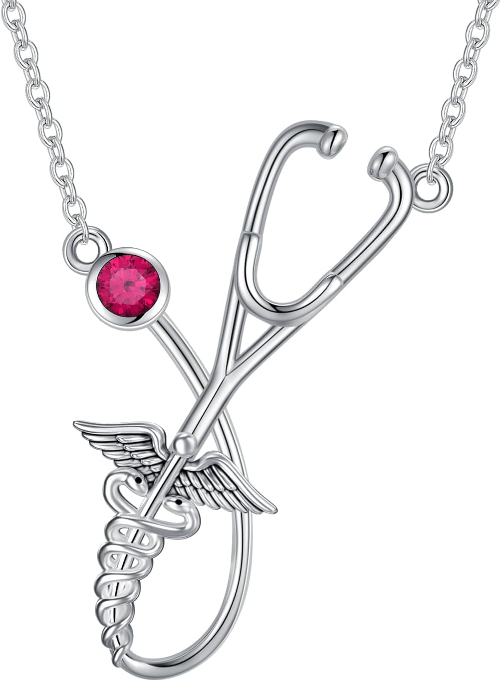 LONAGO Stethoscope Necklace 925 Sterling Silver Stethoscope Pendant Necklaces with Birthstone Graduation Nurse Gift for Women