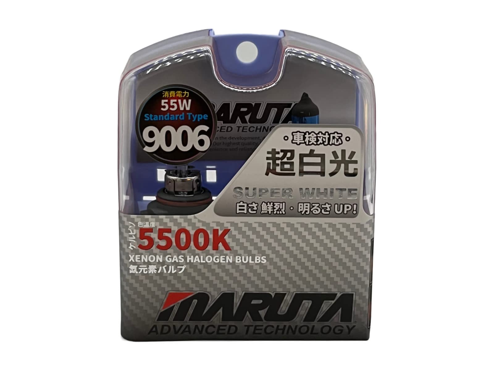 MARUTA SUPER WHITE 9006 / HB4 55W Żarówka halogenowa do świateł mijania i drogowych, efekt ksenonowy 5500K, wysokiej jakości szkło kwarcowe, homologacja ECE