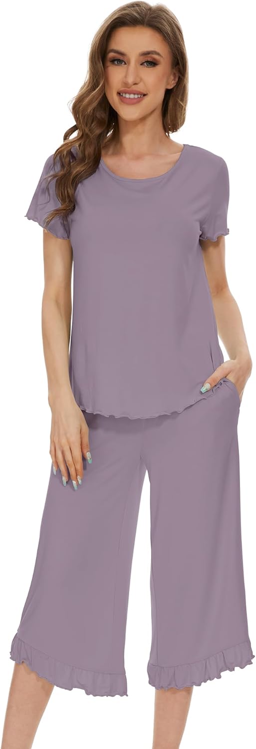 WiWi Pajamas for Women Viscose from Bamboo Short Sleeve Top and Capri Pants Pajama Set Soft Lounge Pj Sets Nightwear S-XXL - Image 4