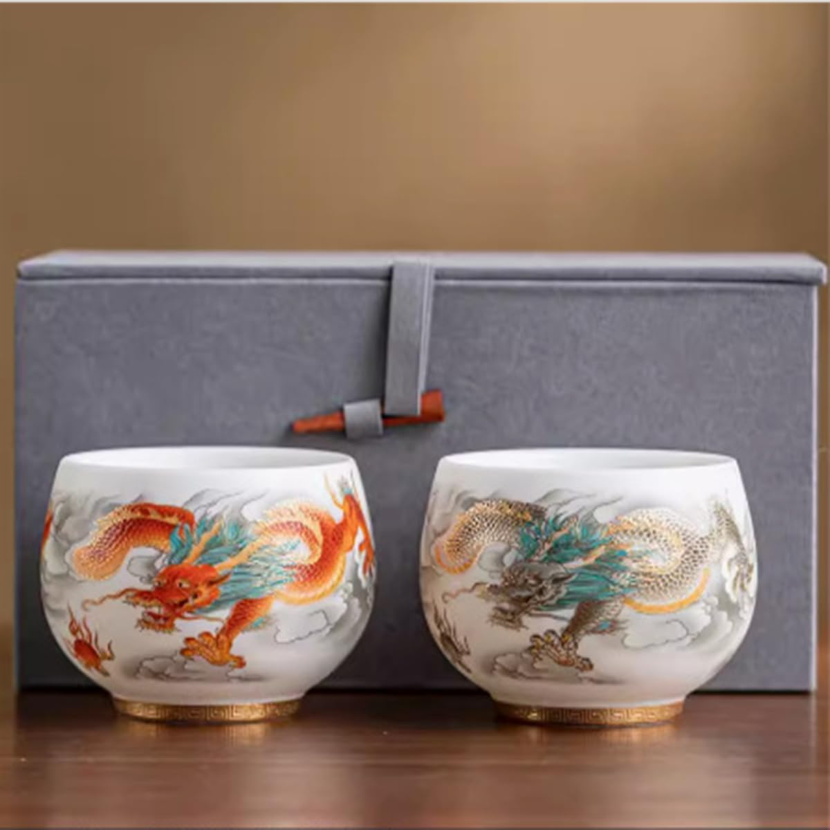 Traditional Japanese Dragon Tea Bowl, Hand-Painted Porcelain Rice Bowl with Phoenix Design, White and Orange, Gold Trim Base (Jade Dragon-Shaped Meditation Cup (Two-Piece Gift Set))