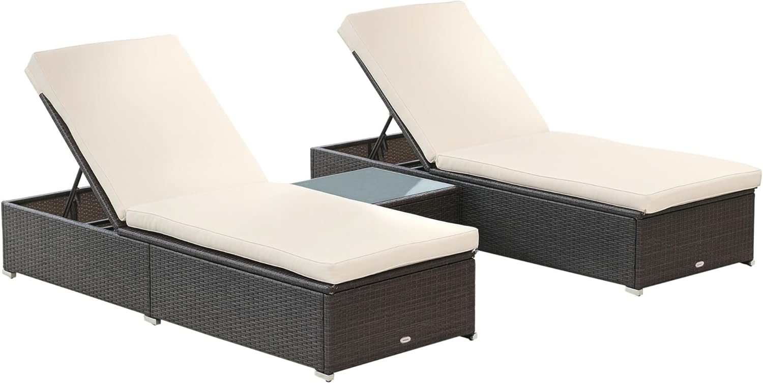 Outsunny Chaise Lounge Chair Set of 2 with 5 Angle Backrest, Outdoor Coffee Table, Water Repellent Cushions, PE Rattan Wicker Poolside Chairs, 3-Piece Pool Furniture Set, Mixed Brown/Cream White