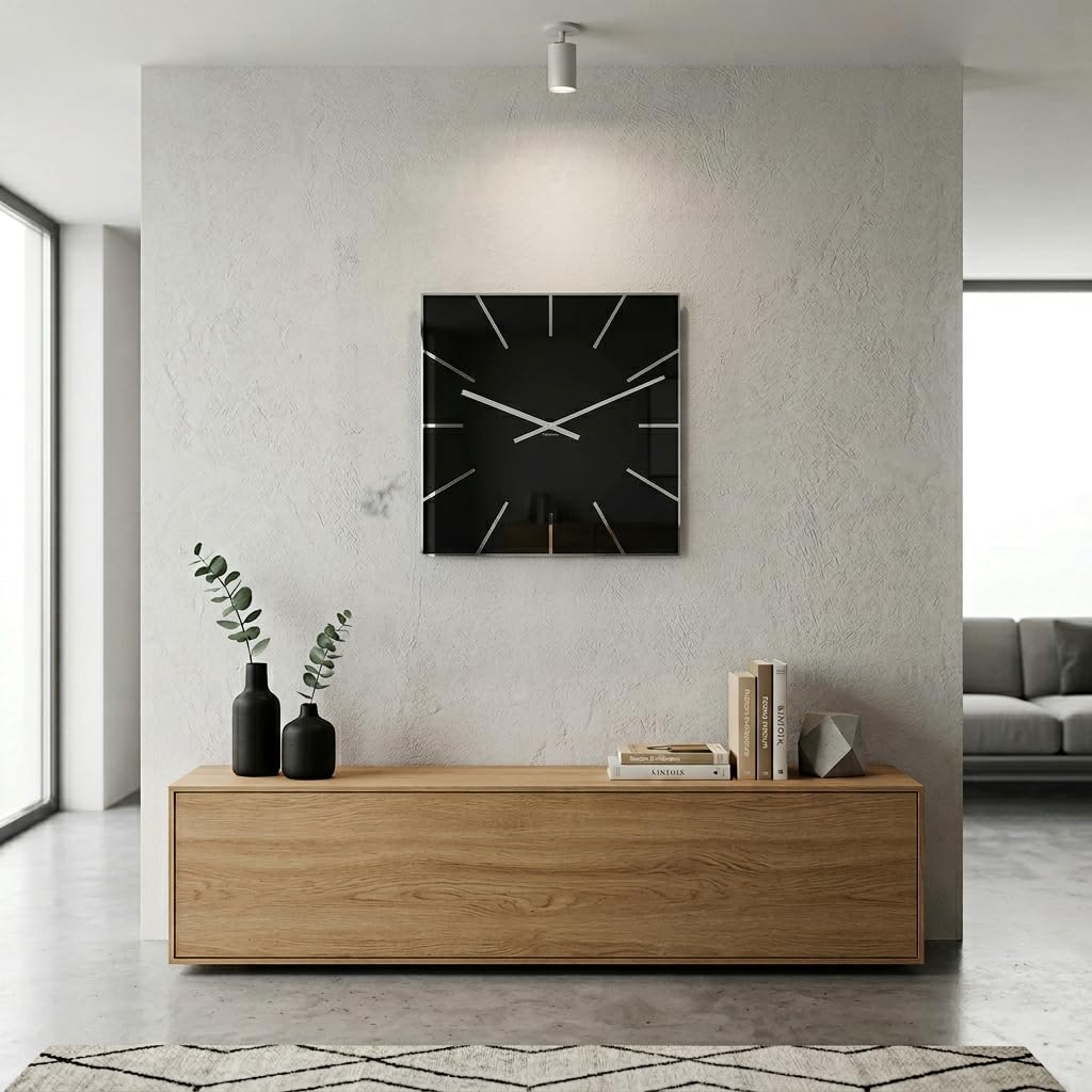 FLEXISTYLE Reloj de Pared Grande Negro Cuadrado Exact 50 cm, sin Ruido de tictac, Cristal acrílico y Espejo acrílico, Moderno salón, Dormitorio, baño