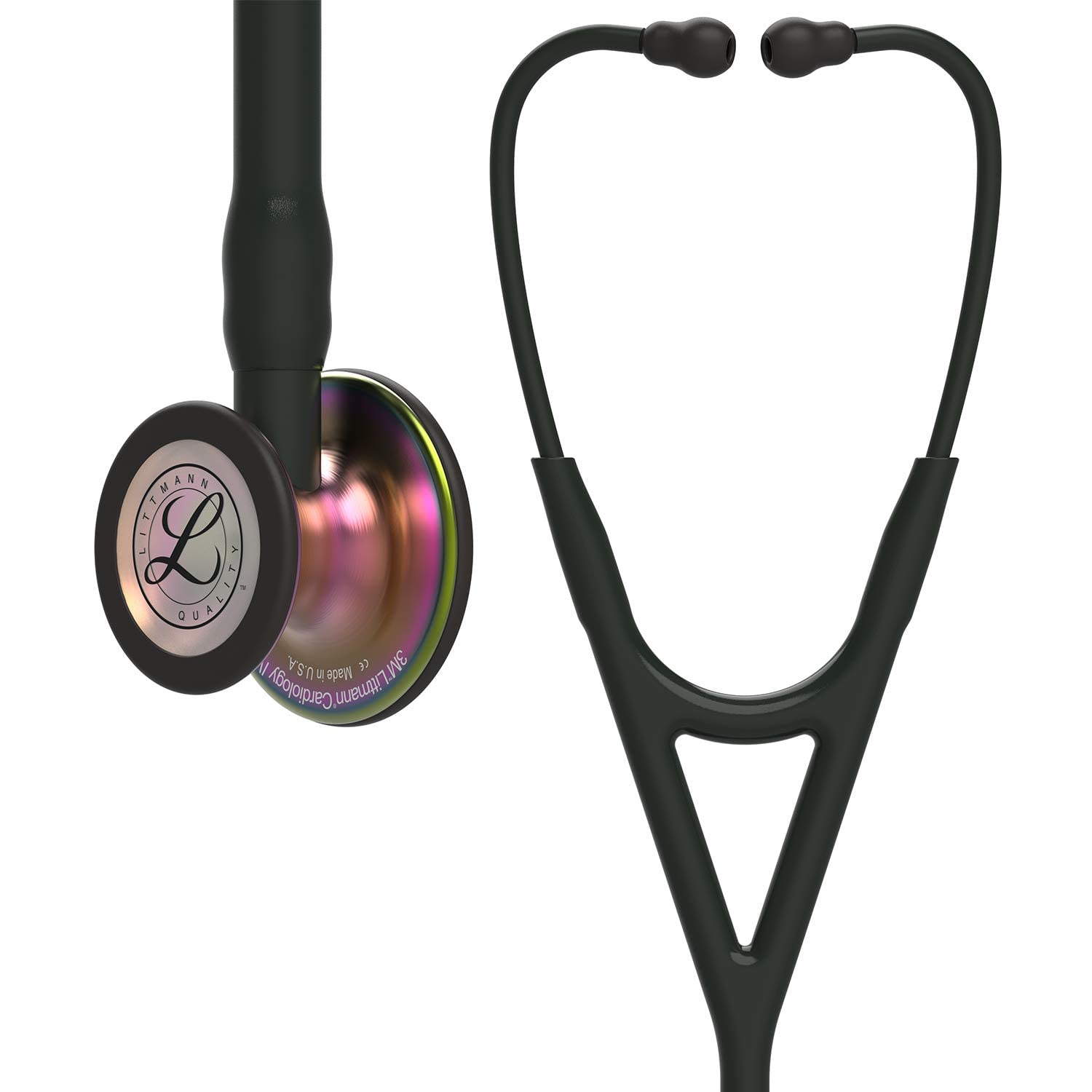 3M Littmann Cardiology IV, Stetoscopio diagnostico, testina con finitura arcobaleno, tubo auricolare nero, 6165 + GIMA ASTUCCIO PORTA FONENDO, Nero, Uso Professionale