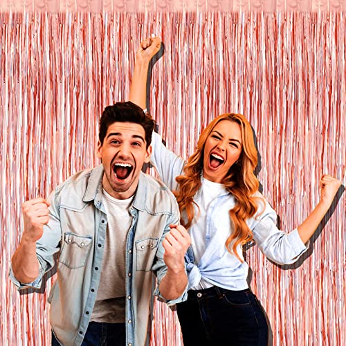 Image of 4 Pack Rose Gold Foil Fringe Curtain Backdrop, 3.28Ft x 8.2Ft Metallic Tinsel Foil Fringe Streamers Curtains for Party,