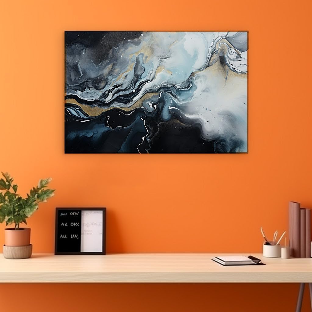 Canvas for Living Room. Luxurious Depths and Energetic Abstracts in Black, Blue, and Gold, 27 x 18 inch Canvas Wall Art - Ready to Hang