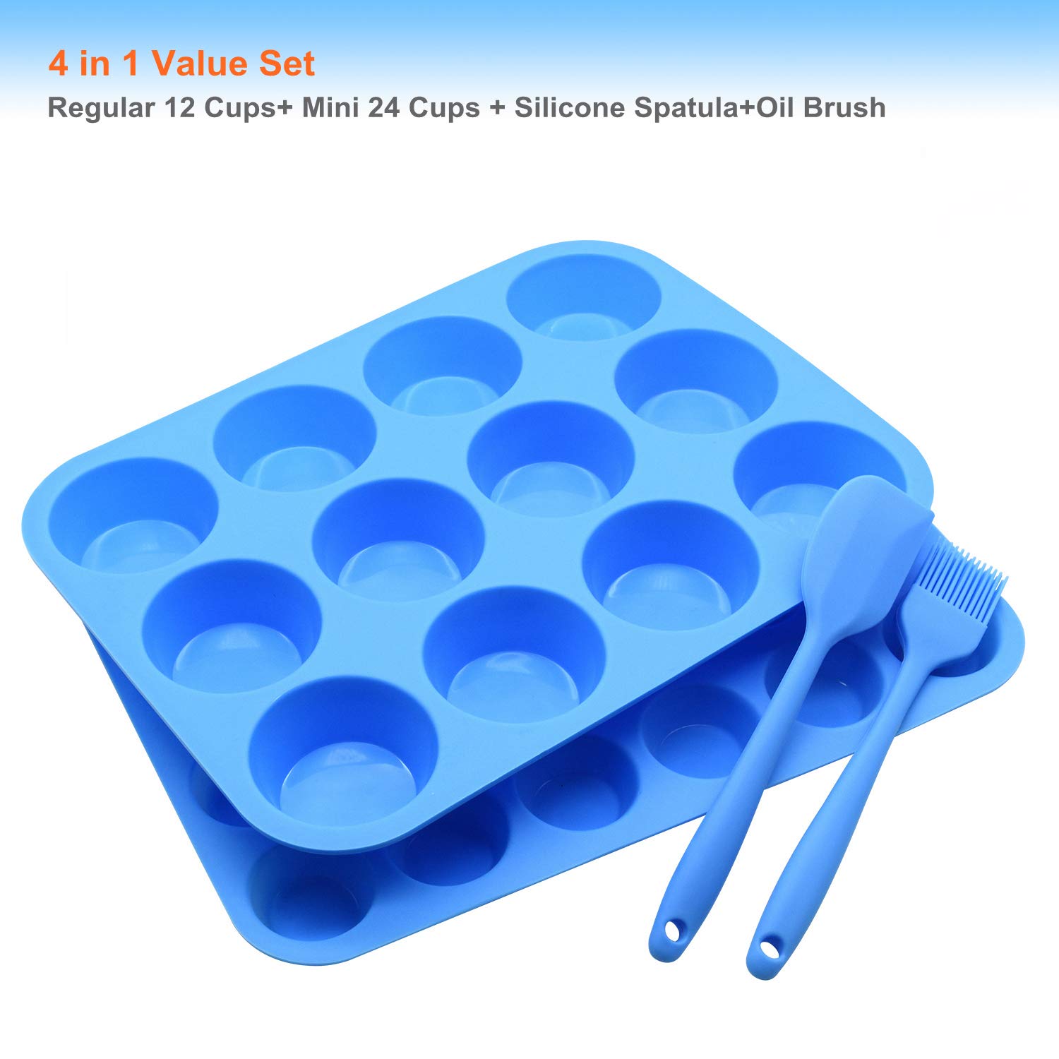 Silikon Muffinform Set - Regular 12 Tassen und Mini 24 Tassen Muffin Cupcake Backform, Cupcakes, Lebensmittelqualität Silikon Muffinformen mit 1 Silikon Spatel & 1 Ölpinsel (Blau)