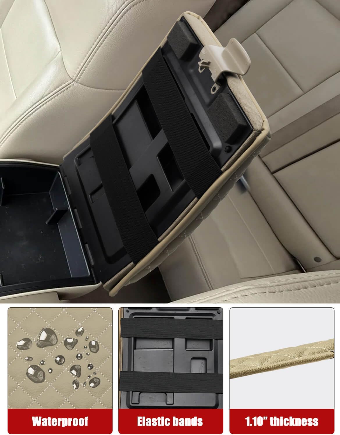 KBH Center Console Armrest Cushion Cover for Ford F150 2004 2005 2006 2007 2008 2009 2010, 40/20/40 Jump Seat, Vinyl Leather Trim, Anti-Scratch, Beige