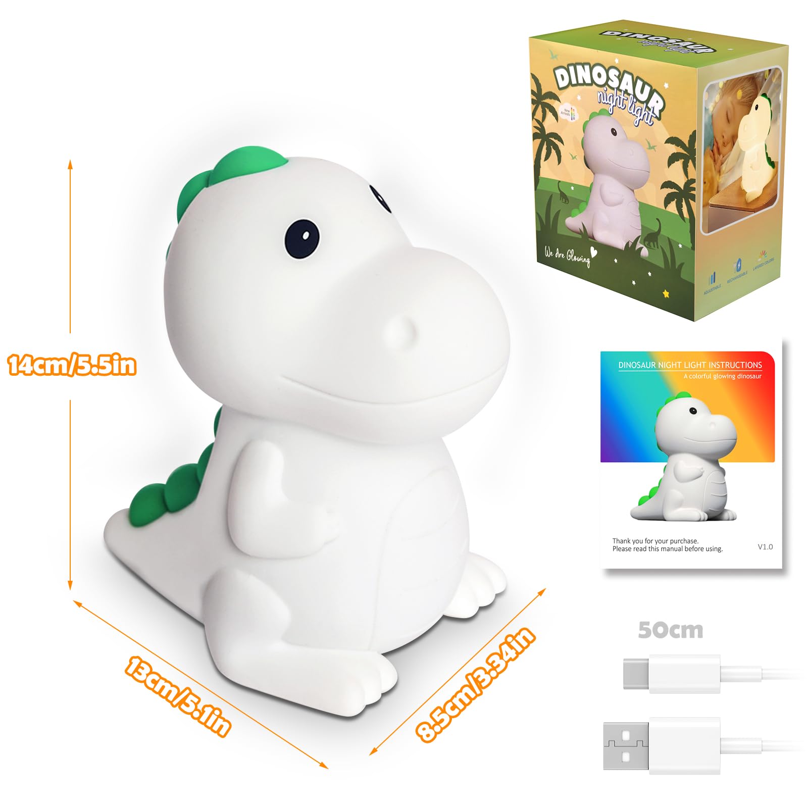 Dinosaurio Luz Nocturna Infantil,7 Color Luz Quitamiedos Infantil, Recargable Lámpara de Noche LED,Silicona Luz Bebe Nocturna,Niños Regalo para Dormitorio