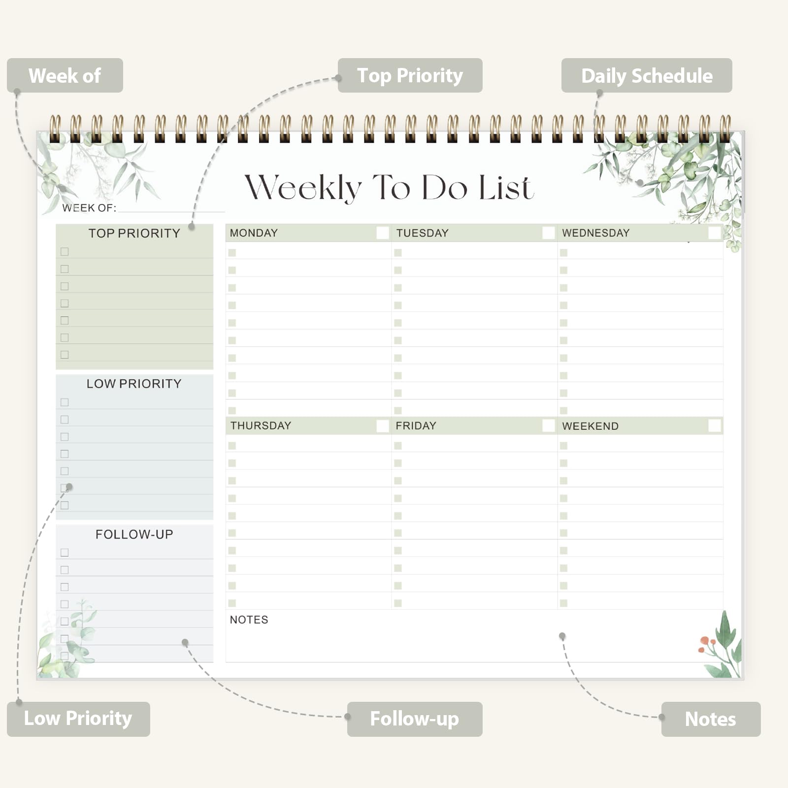 Blocco note settimanale per lista delle cose da fare, planner senza data con 52 fogli (21,9 x 27,9 cm), agenda settimanale da scrivania per donne e uomini, casa, scuola e lavoro (foglia)