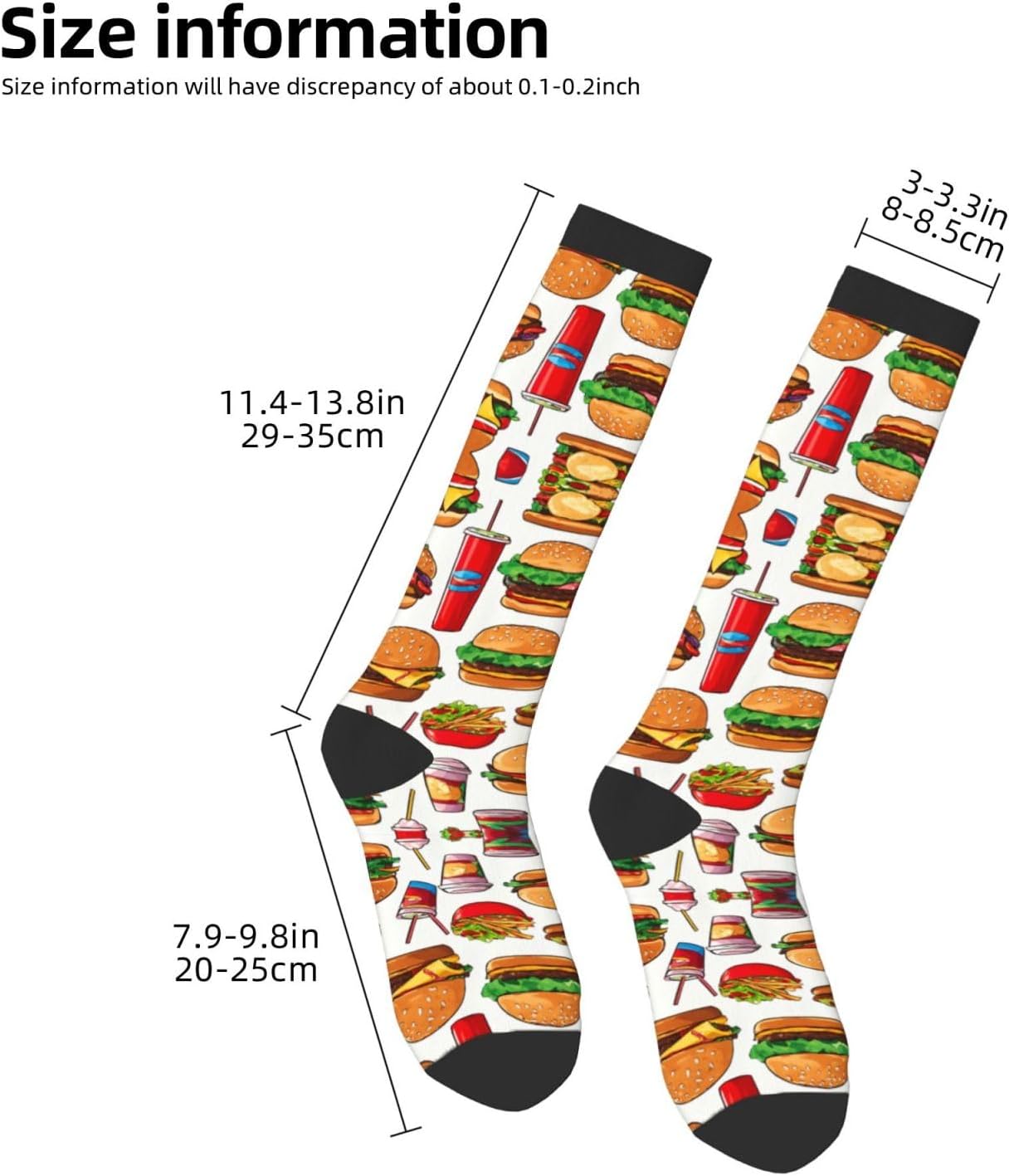 Fast Food Print Breathable Crew Neck Athletic High Socks,Suitable For Sports,Running,And Travel.