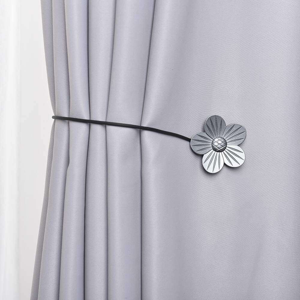 DEZENE Magnetic Curtain Tiebacks Holdbacks: Pack of 2 Rust-Proof Metal Flower Magnet Drapery Tiebacks for Indoor Window, Outdoor Patio, Grey, 16 Inch Long