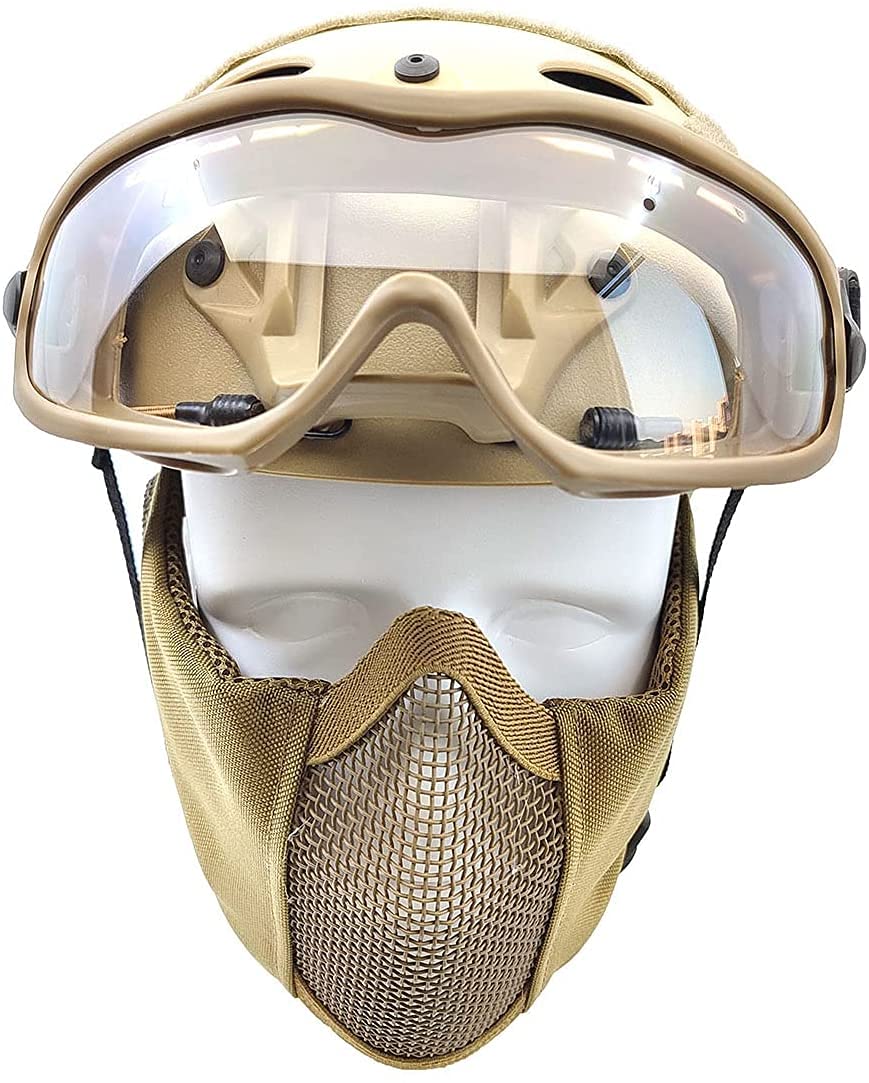 Tactique Airsoft Fast Casque et Masque de Protection des Oreilles en Maille Demi-Visage Pliable avec Lunettes de Protection Complète du Visage