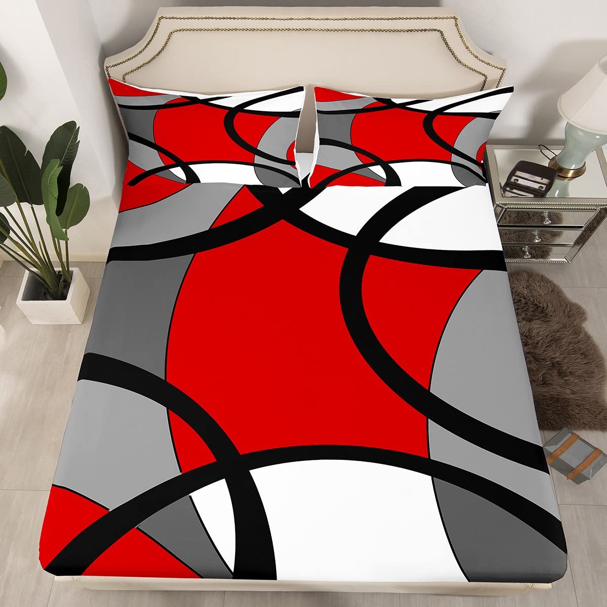 Juego de sábanas geométricas modernas con bolsillo profundo, juego de sábanas geométricas retro con diseño geométrico circular retro, juego de ropa de cama de remolino de rayas retro, juego de cama d